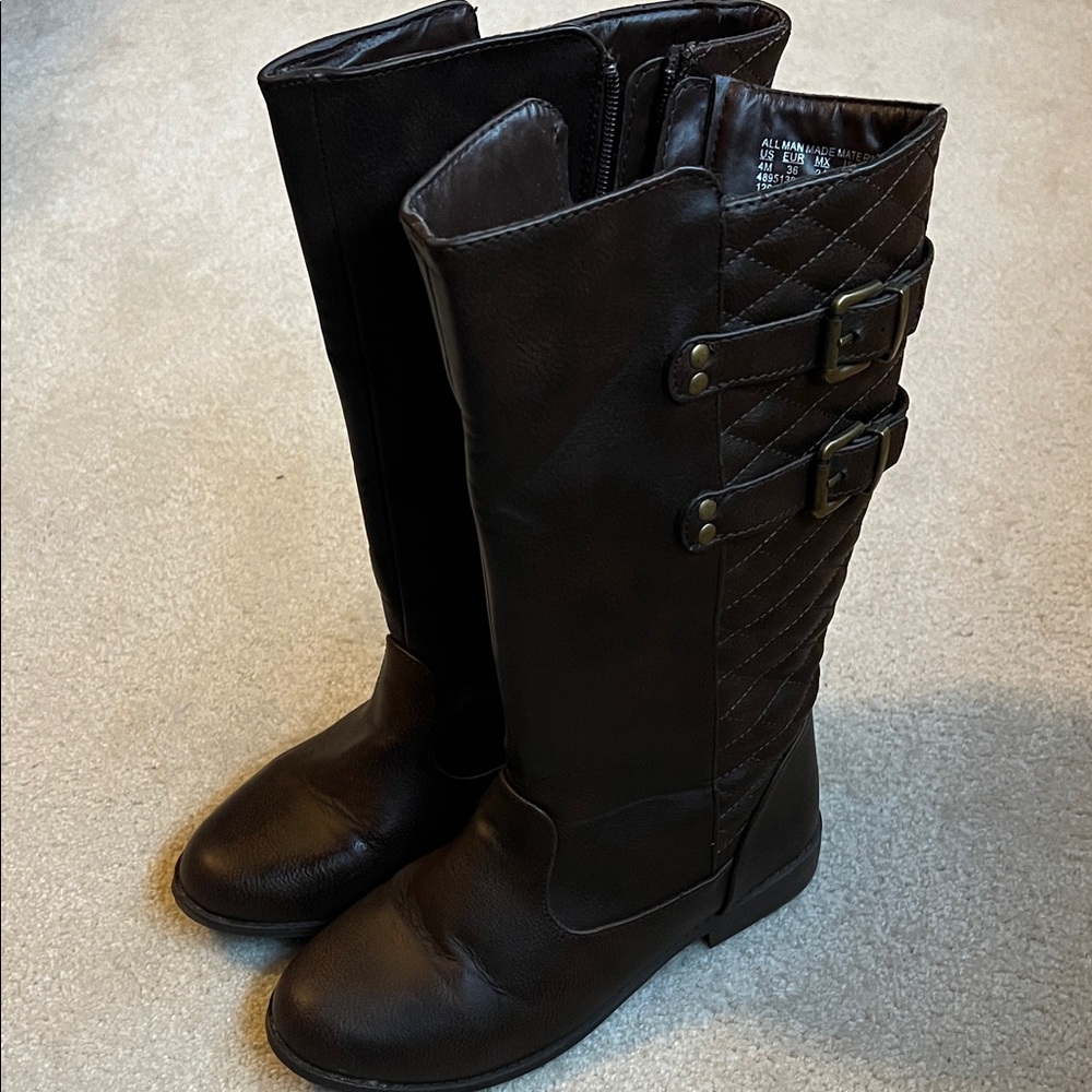 Girls Quilted Brown Tall Buckle Boots with Side Zipper